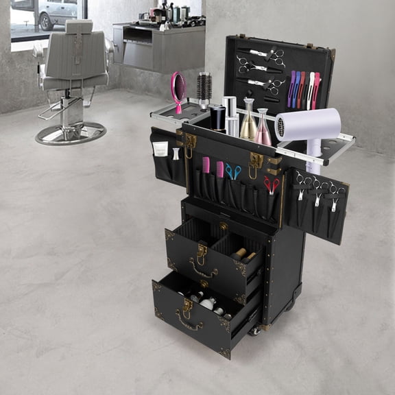 Professional Hairdressing Case Salon Trolley Beauty Rolling Cart Lockable Cabinet with 4 Wheels Black