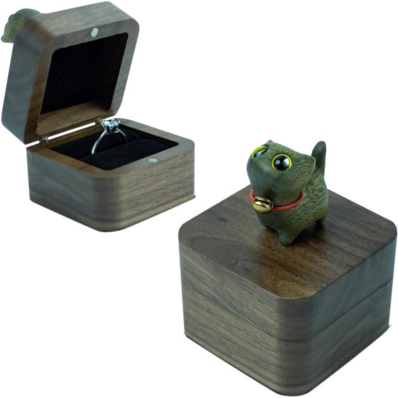 Professional Hand-Carved Cat Wooden Ring Box, Premium Walnut-Colored Jewelry Gift Case for Proposals and Weddings, Unique Cat Lover Engagement Ring Holder with Magnetic Closure