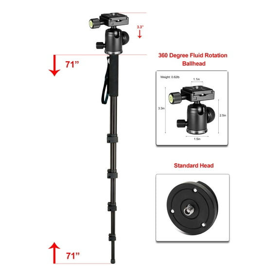 Professional Heavy Duty 72" Monopod / Unipod (Dual Optional Head) For Canon Powershot G12