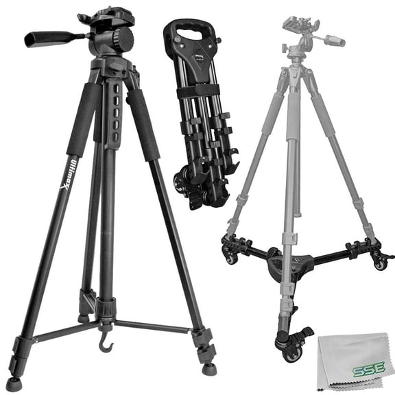 Professional Heavy Duty 75" 3-Way Pan Head Tripod with Heavy Duty Tripod Dolly for Cameras, Camcorders, etc.
