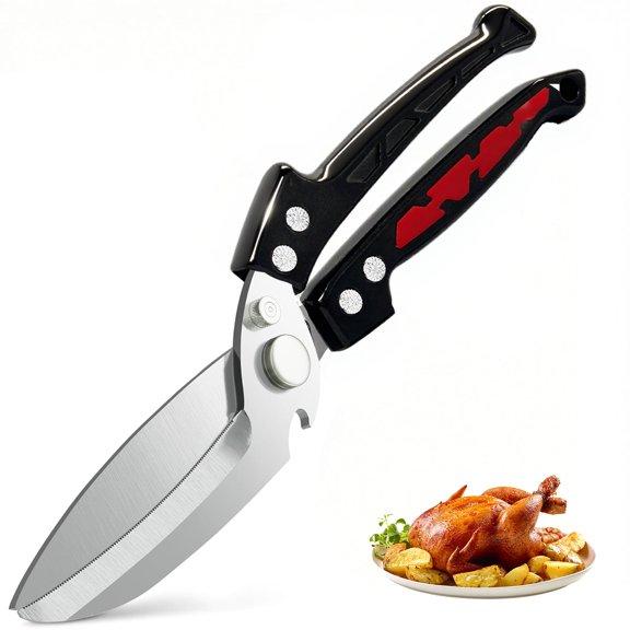 Professional Heavy Duty Kitchen Shears for Food  All in one Stainless Steel Chicken Shears Cut Bones, Meat, Fish Scales, Bottle Opener, Dishwasher Safe, Gift for Christmas ThanksgivingBlack Red