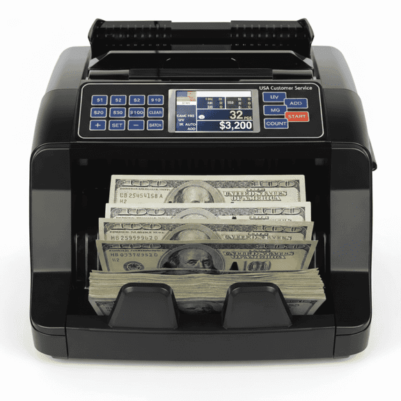 Currency Counter and Counterfeit Detector Machine, High-Speed Bill Counter with LCD Display, Black