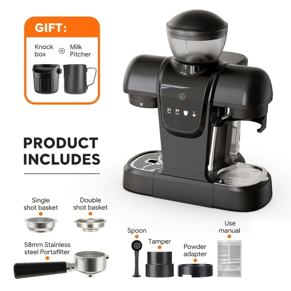 Professional Home Espresso Machine with Built-In Conical Burr Grinder, Steam Wand, and Dual Boiler System for Cappuccinos, Lattes, Iced Coffee, and Americanos, 27-Ounce Water Tank