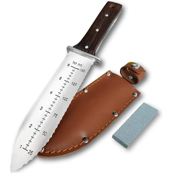 Professional Hori Hori Garden Knife with Leather Sheath, Protective Handguard, High polished 440 Stainless Steel Blade, Sharpening Stone Included, for Weeding, Digging, Pruning, and Cultivating