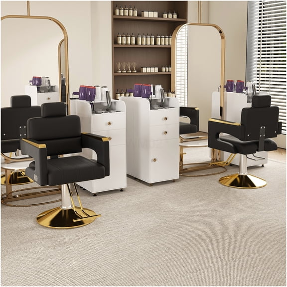 Professional Hydraulic Barber Chair with 360 Swivel, Adjustable Height & Reclining Backrest, Black and Gold Salon Chair