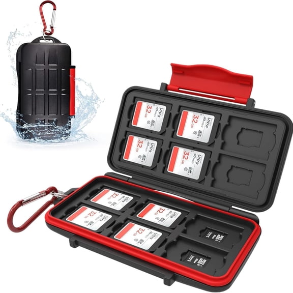 Professional IPX5 Water-Resistant Anti-Shock Holder Storage SD SDHC SDXC TF MSD Memory Card Case Protector with Carabiner for 12 SD Cards & 12 Micro SD Cards