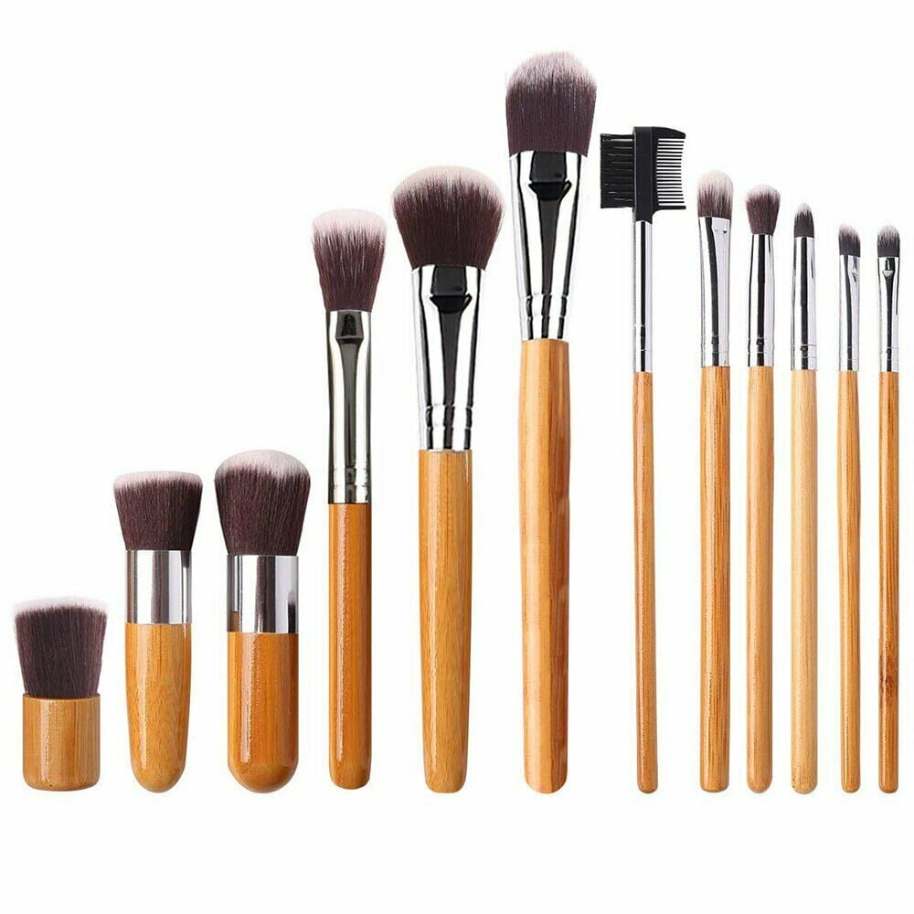 Professional Kabuki Makeup Brush Set w/ Bamboo Handles Cosmetic Brushes 12 Piece