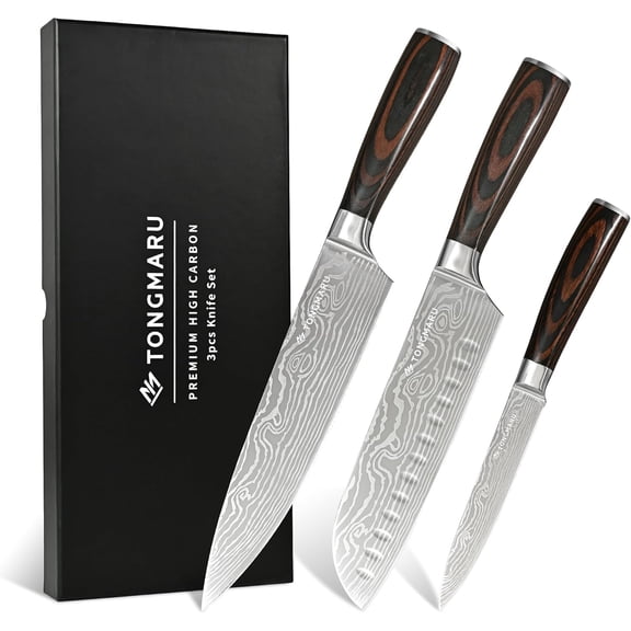 Professional Kitchen Chef Knife Sets Razor Sharp Premium High Carbon German Steel 3 pcs Knife Set Ergonomic Forged Pakkawood Handle Chef Santoku & Utility Knife With Premium Gift Box for Family