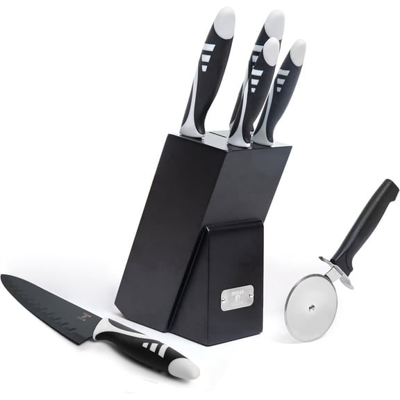 Moss & Stone 7pcs Professional Kitchen Knife Chef Set, Small Knife Set With Block, Black Titanium Plated Kitchen Knife Set, Stainless Steel Scratch Resistant & Rust Proof Sharp Kitchen Knives.