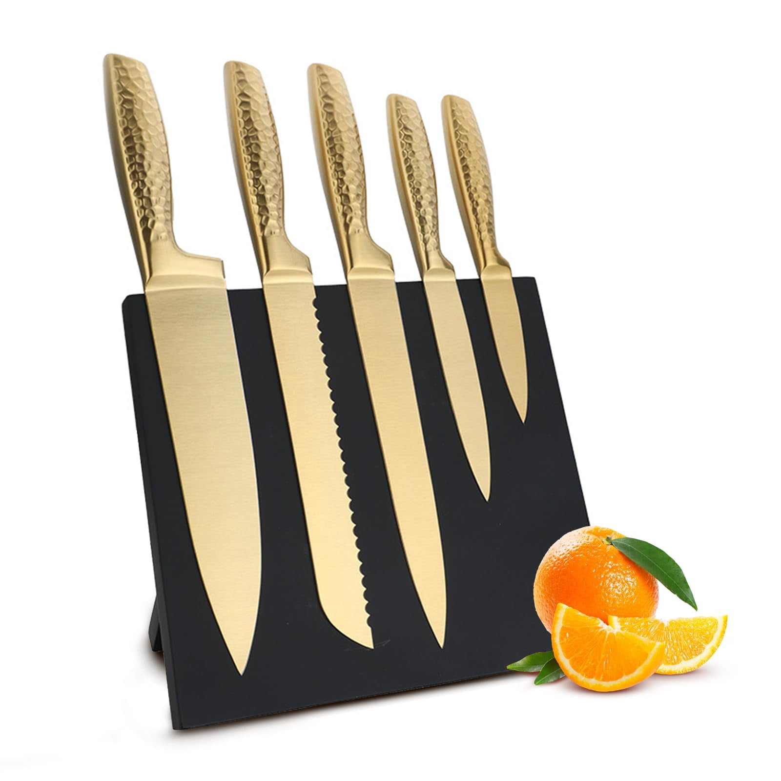 Professional Kitchen Knife Set 6 Piece, High Carbon Stainless Steel Sharp Knives with Ergonomic Hammer Handle, Wooden Magnetic Knife Block Holder, Gold