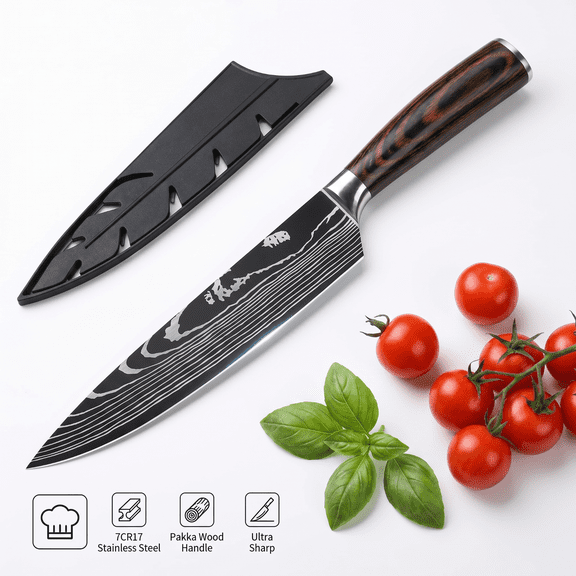 Professional Kitchen Knife with Sheath Gift Box, 7CR17 Stainless Steel Blade, Laser Damascus Pattern, Pakka Wood Handle, Sharp Cooking Knife for Slicing Dicing Chopping