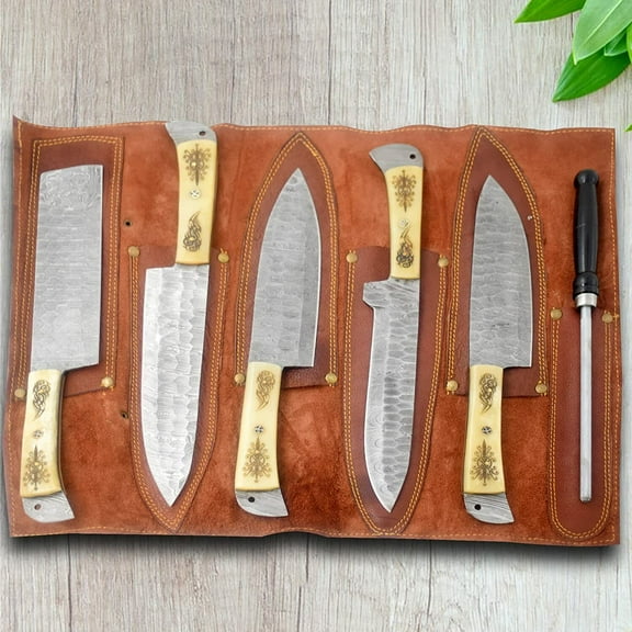 Professional Kitchen Knives Custom Made Damascus Steel 5 Pcs of Professional