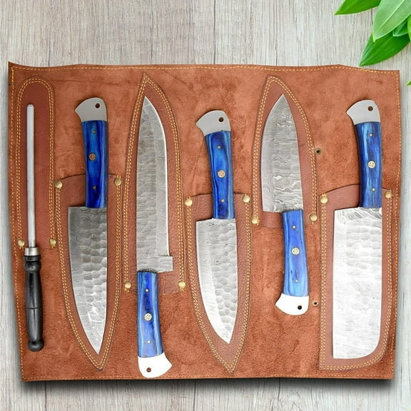 Professional Kitchen Knives Custom Made Damascus Steel 5 Pcs of Professional