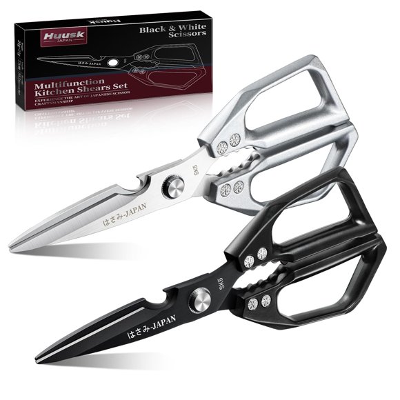 Professional Kitchen Shears Set, Heavy Duty Japanese Stainless Steel Scissors for Meat Poultry Chicken Bones Turkey, Non-Slip Grips, Black