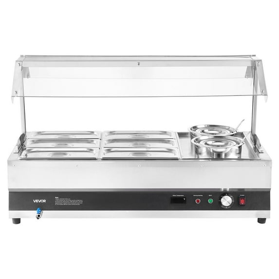 Dual Soup Kettles + Six-Well Warming Pan Commercial Soup Warmer with Dust Cover - Hot Pot, Stew & Buffet Food Warmer Equipment