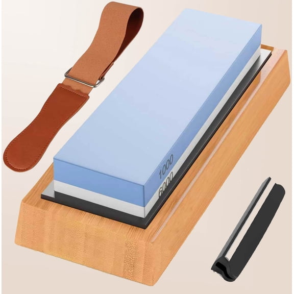 Professional Knife Sharpener & Sharpening Stone Set: Dual-Sided Whetstone with Bamboo Base, Non-Slip Holder, Angle Guide & Leather Strop Kit