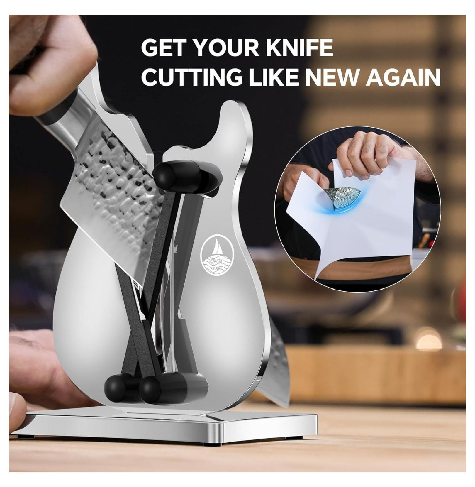 Professional Knife Sharpener, Stainless Steel Sharpening Tool for Kitchen Knives with Self-Adjusting Angle, 3-Action Quick Edge Manual Sharpener with Straight Blade Knives for Chefs & Home Use