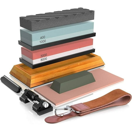 Professional Knife Sharpening Stone Set - 4 Side Grit 400/1000 3000/8000 Whetstone, Non-Slip Bamboo Base, Angle Guide, Polishing Compound, Leather Strop, Flattening Stone