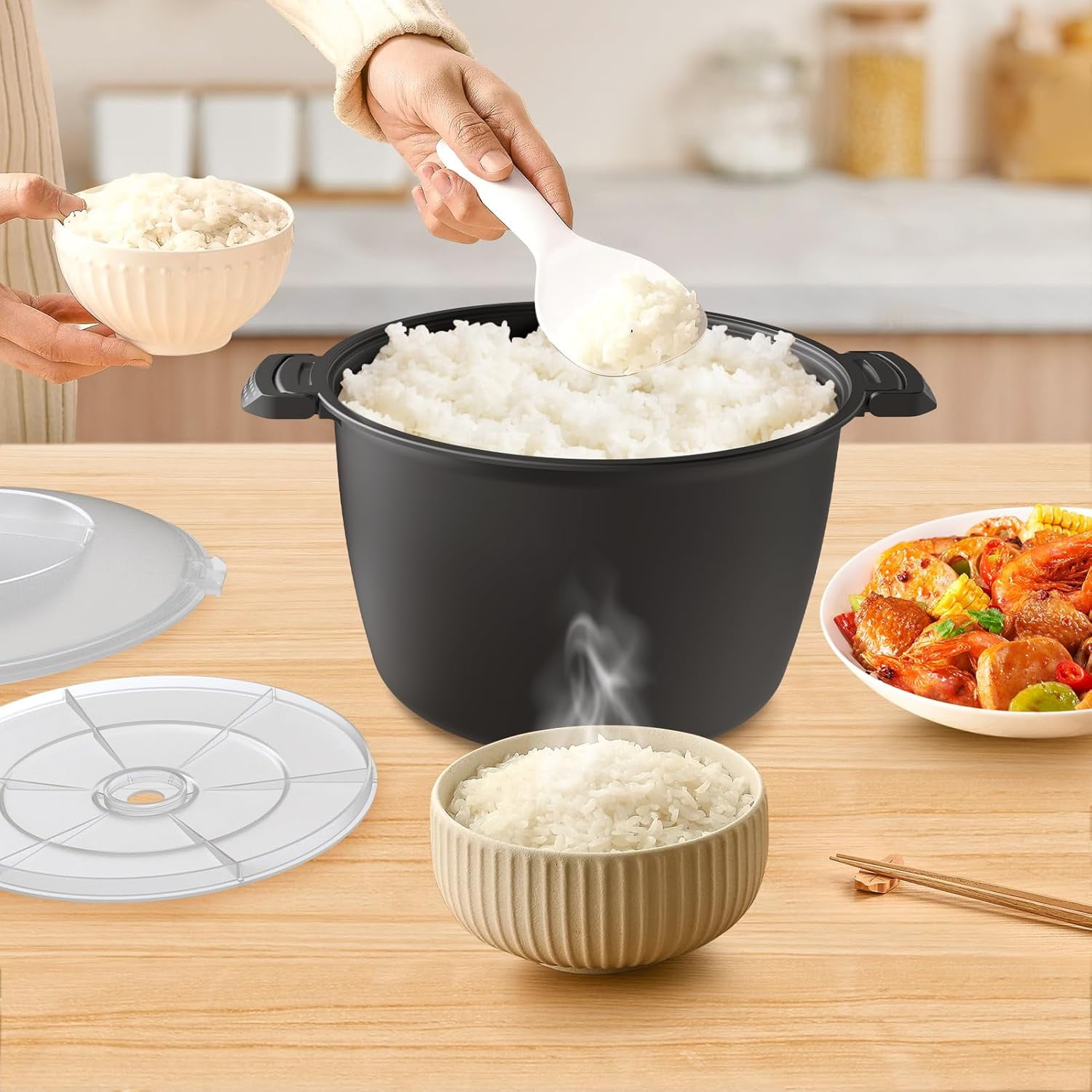 Professional Large  Cookware 3 Quart, Microwave Rice Cooker, Steamer for Vegetables, , Dishwasher Safe