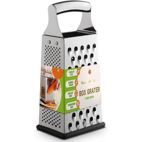 Professional Large Parmesan Cheese Grater, Stainless Steel Metal Box Grater with Handle, 4 Sided Handheld Kitchen Shredder for Cheese, Carrot, Veggie, Ginger, - Dishwasher Safe