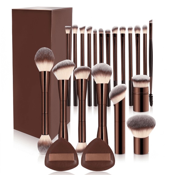 Professional Makeup Brushes Set with Case, 20 Pcs Double-End Multi-Functional Brushes for Blending Liquid, Powder, Concealer & Cream (Dark Brown)