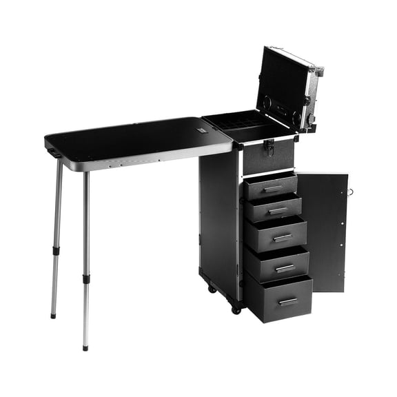 Professional Makeup Case Aluminum Rolling Train Case, Large Makeup Artist Case with LED Mirror & Bluetooth Speaker, Portable Cosmetic Organizer Trolley with Wheels & Drawers, Black