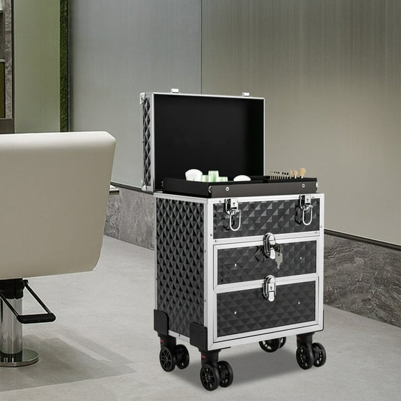 Professional Makeup Case Rolling Cosmetology Case with Sliding Drawers Black US