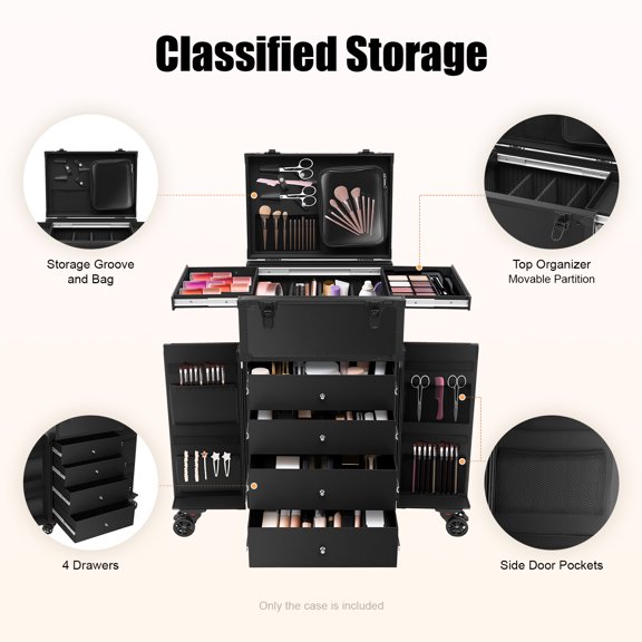 Professional Makeup Case with Wheels Aluminum Alloy Beauty Artist Train Case 66 lbs Capacity Rolling Cosmetic Organizer