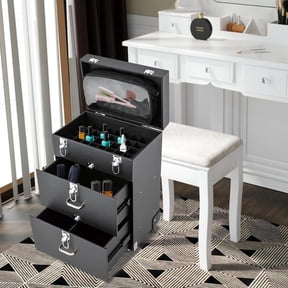 Professional Makeup Train Case,Rolling Cosmetic Case,Makeup Trolley Case,Makeup Storage Organizer,Storage Cosmetic with 4 Wheel (Black)