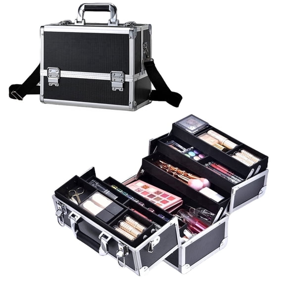 Professional Makeup Train Case with Shoulder Strap & Locks Extra Large Cosmetic Organizer Makeup Box