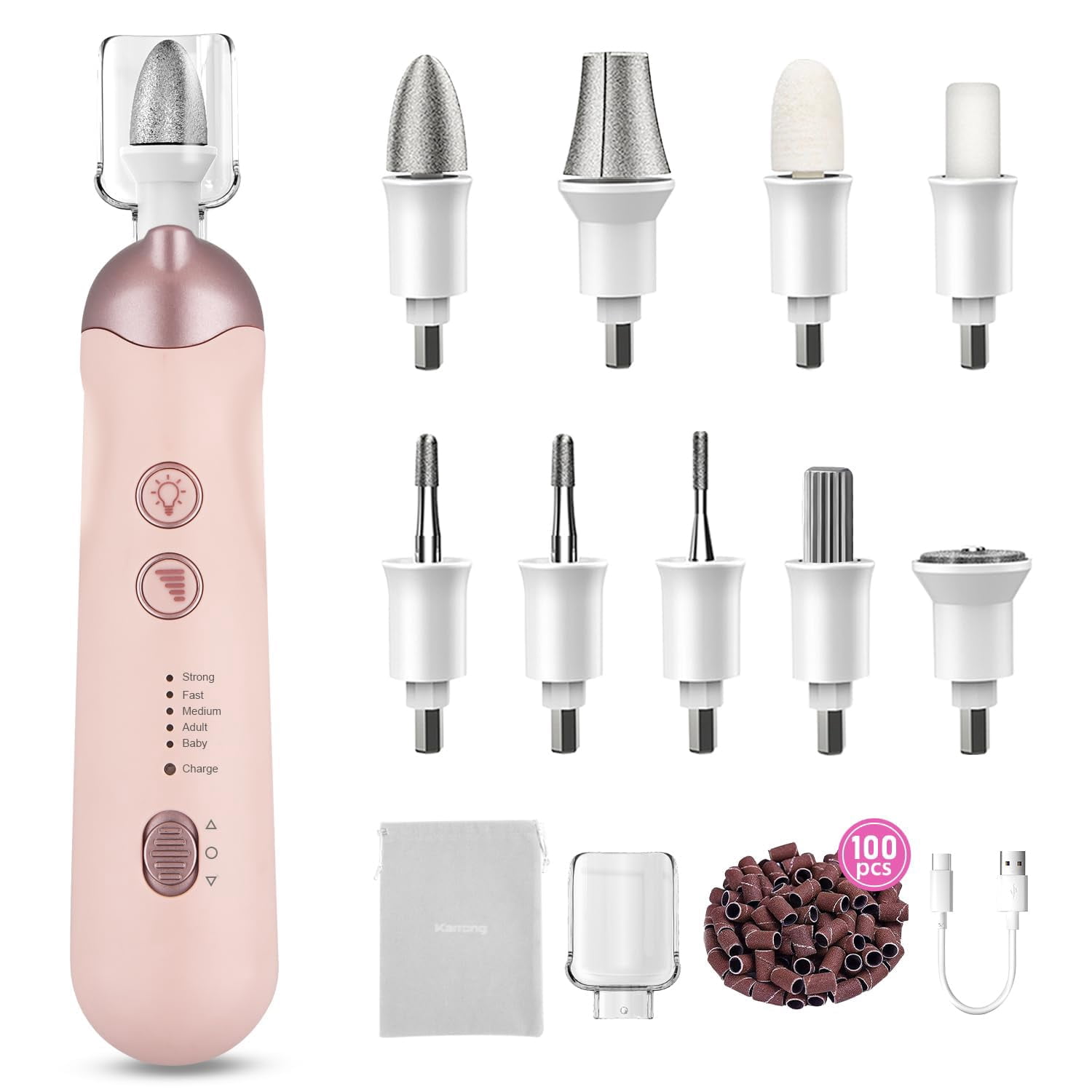 Professional Manicure Pedicure Kit, 9 in 1 Cordless Nail Drill with 100 pcs Nail Drill Bits Sanding Bands, Nail Grinder for Human, 5 Speeds, Nail Dremel Kit for Home and Salon Use