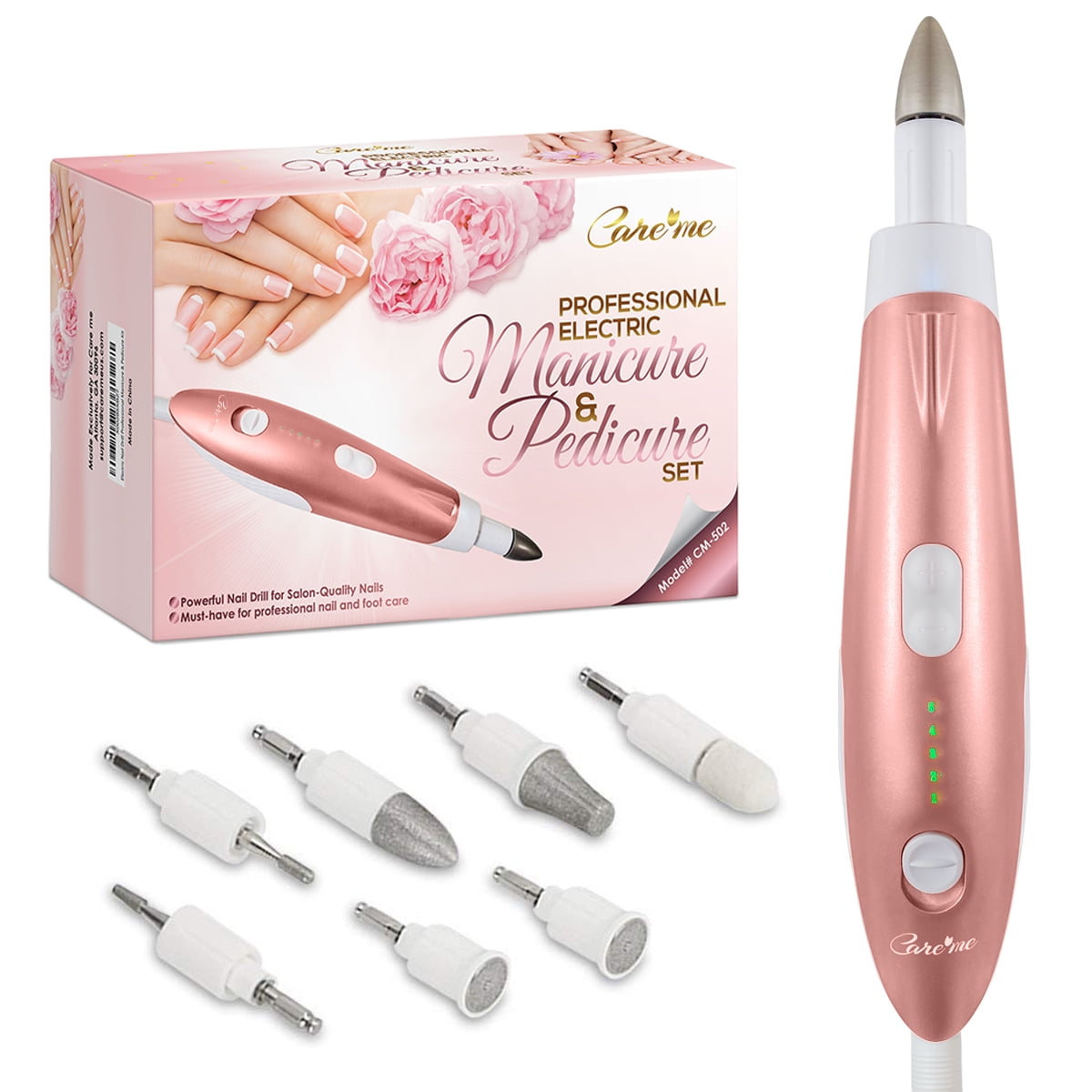 Professional Manicure & Pedicure Set by Care Me-Corded Electric Nail Care Tools with 7 Attachments for Natural or Acrylic Fingernails or Toenails