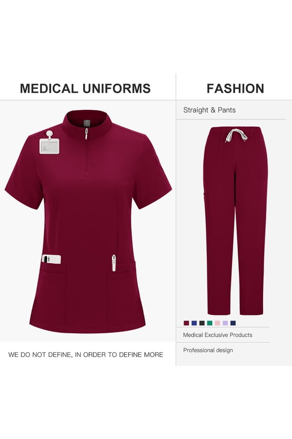 Professional Medical Scrubs Uniform Doctors Nurses Stand Collar Zipper Surgical Scrub Suit with Straight Leg Pants Solid Color