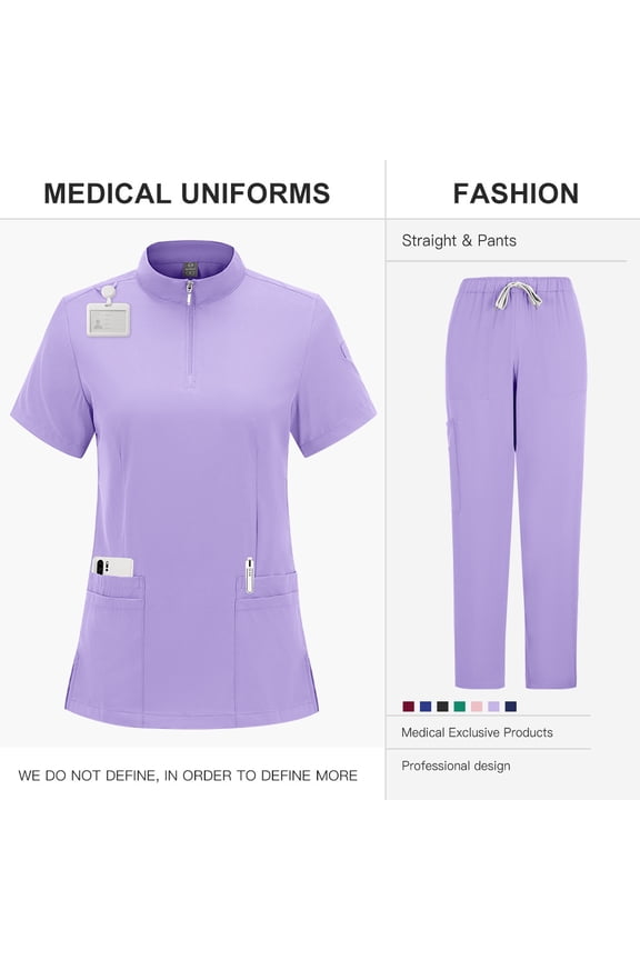 Professional Medical Scrubs Uniform Doctors Nurses Stand Collar Zipper Surgical Scrub Suit with Straight Leg Pants Solid Color