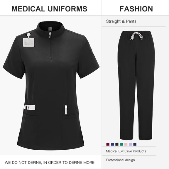 Professional Medical Scrubs Uniform Doctors Nurses Stand Collar Zipper Surgical Scrub Suit with Straight Leg Pants Solid Color
