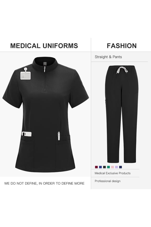 Professional Medical Scrubs Uniform Doctors Nurses Stand Collar Zipper Surgical Scrub Suit with Straight Leg Pants Solid Color