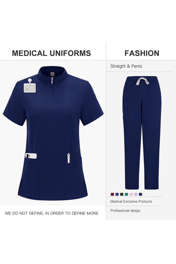 Professional Medical Scrubs Uniform Doctors Nurses Stand Collar Zipper Surgical Scrub Suit with Straight Leg Pants Solid Color