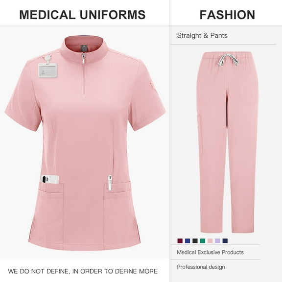 Professional Medical Scrubs Uniform Doctors Nurses Stand Collar Zipper Surgical Scrub Suit with Straight Leg Pants Solid Color