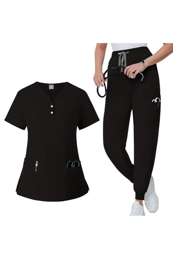 Professional Medical Uniform - V-Neck, Elastic, Quick-Drying PolyesterAvailable in Black/Purple/Pink with Drawstring Closure for Doctors Nurses Healthcare Professionals Durable Comfortable Workwear