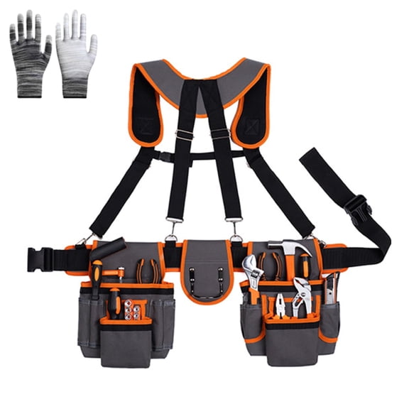 Professional Men's Tool Belt with Suspenders, Detachable Adjustable Heavy Duty Work Pouch for Electricians & Carpenters, Fits Waist 32-66 Inches