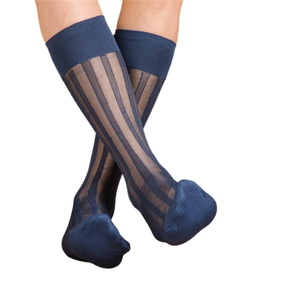 Professional Mens Nylon Dress Socks Middle Calf Length Stockings with Wide Stripe Pattern Business Formal Suit Socks