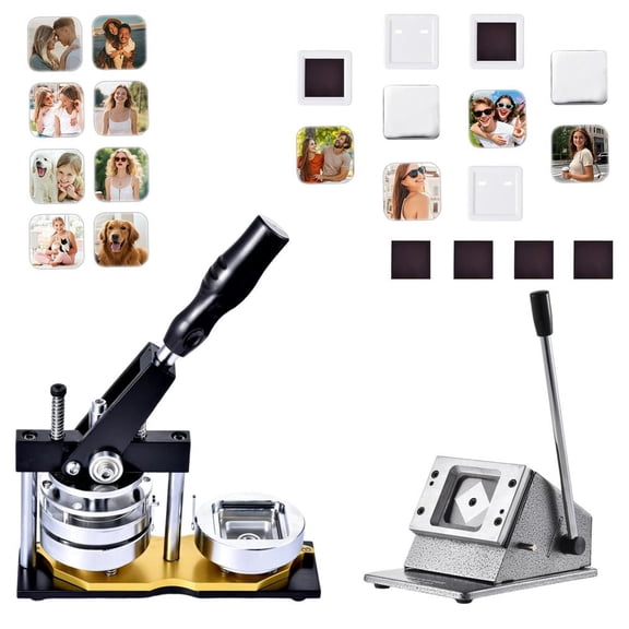 Professional Metal Badge Maker for Square Fridge Magnets, 2-in-1 Magnet Maker Machine Kit with 100 Sets Consumables for Business