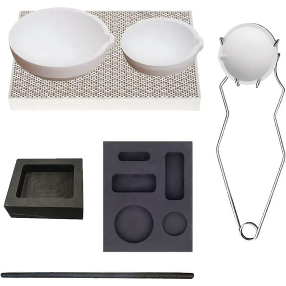 Professional Metal Melting Kit with 3 Ceramic Crucibles Graphite Ingot Forms Tongs Stir Rod Fire Brick for Casting Gold Silver Copper Aluminum