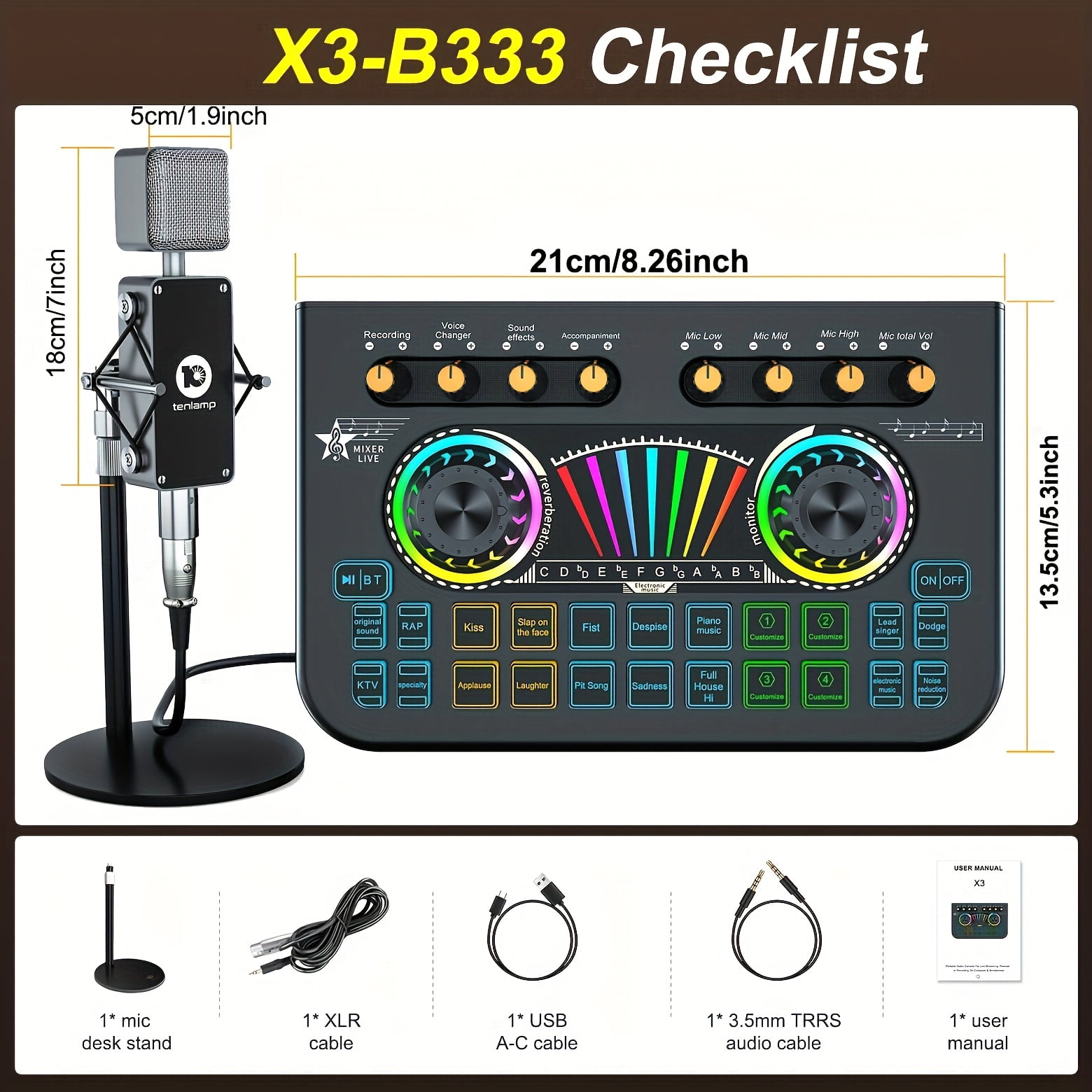Professional Mic Mixer Set for Podcast Singing Gaming DJ - Studio Recording Controller with Wireless Microphone, Karaoke Machine & Dynamic Condenser Mic