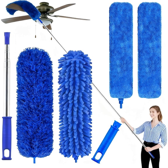 Professional Microfiber Feather Dusters for Cleaning, 6PCS Extendable Bendable Dusters with 100" Telescopic Pole, Washable & Reusable Cleaning Kit for Ceiling Fans, Blinds, Hard-to-Reach Areas (Blue)