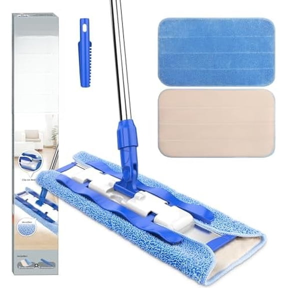 Professional Microfiber Mop for Hardwood, Laminate, Tile Floor Cleaning, Stainless Steel Telescopic Handle - 3 Reusable Flat Mop Refills and 1 Dirt Removal Scrubber Included