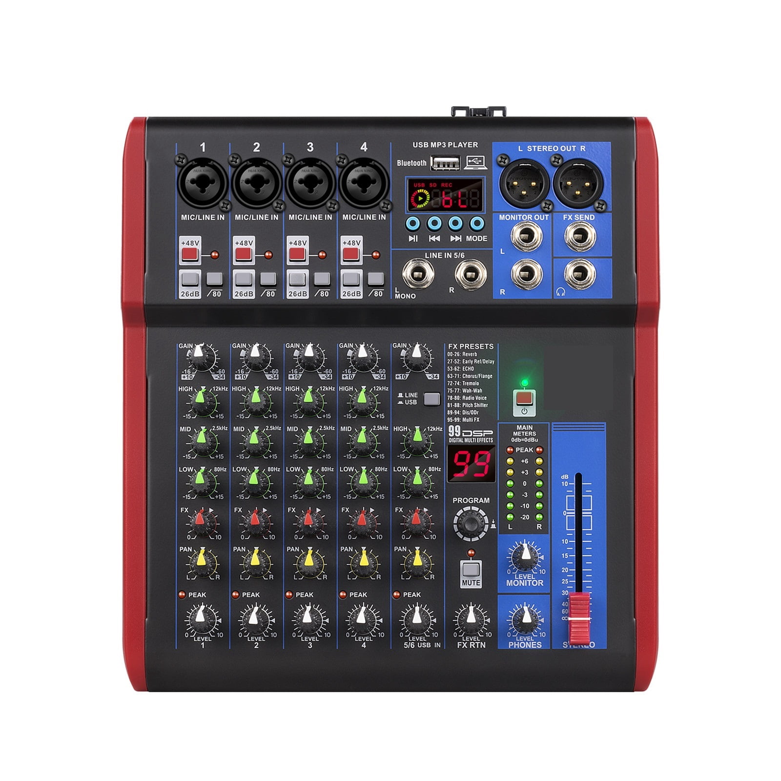 Professional Mixer, DJ Mixer with Bluetooth 5.0 99 DSP Digital Effects for Studios, Bars