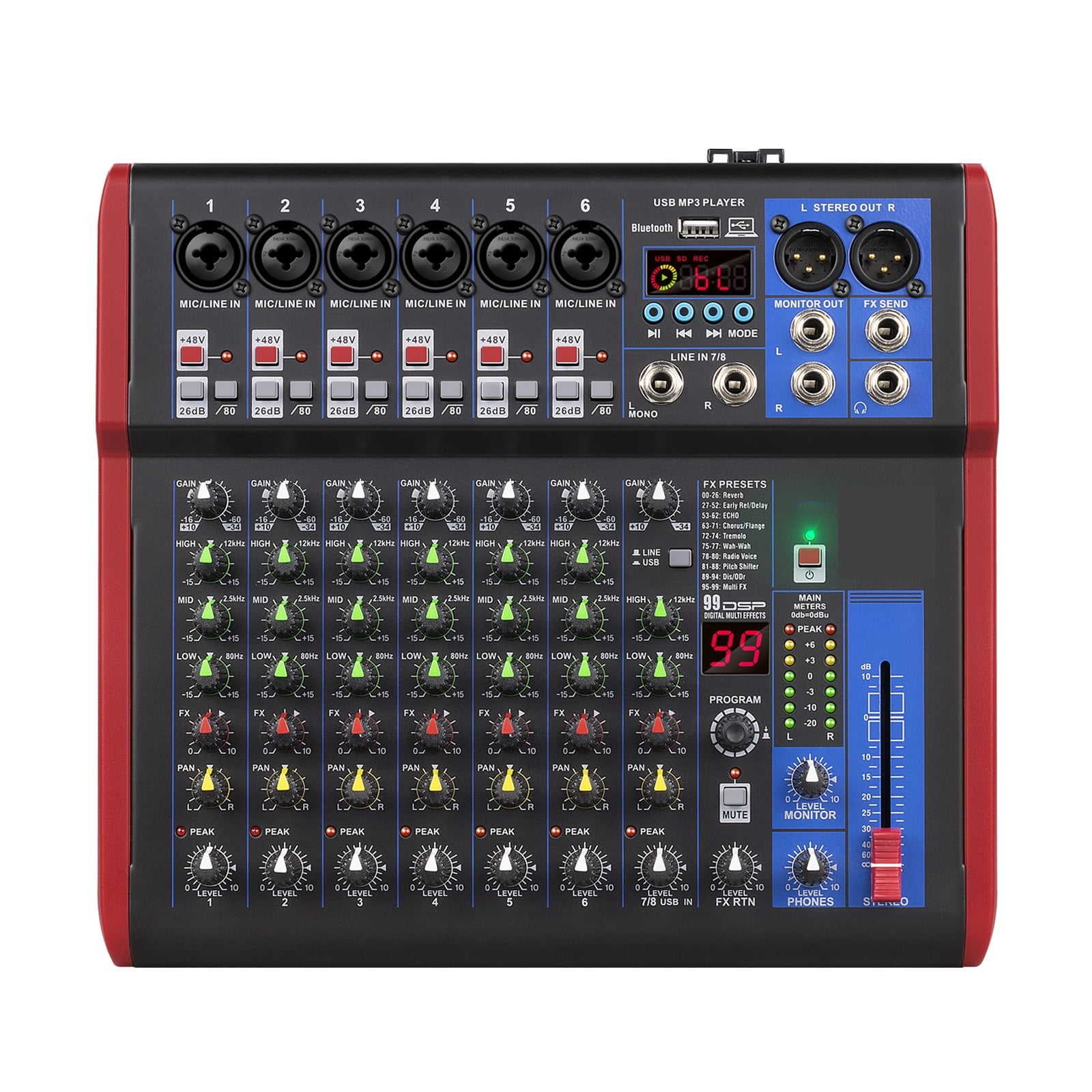 Professional Mixer, DJ Mixer with Bluetooth 5.0 99 DSP Digital Effects for Studios, Bars