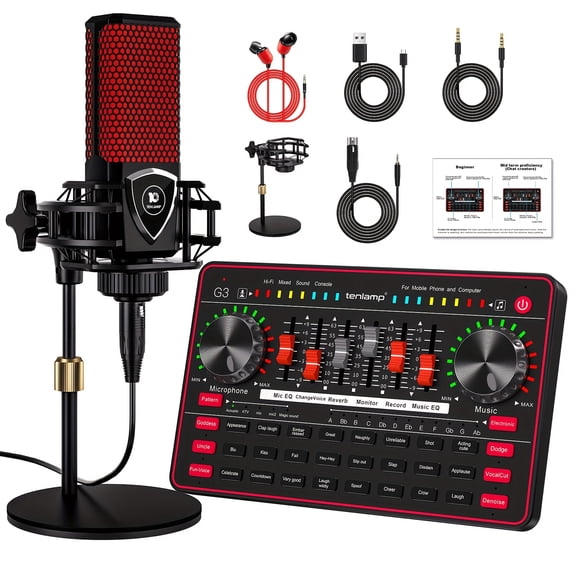 Professional Mixer Kit: Condenser & Dynamic Mic with Sound Card for Streaming, Podcast, Recording, Karaoke on Laptop & Mobile