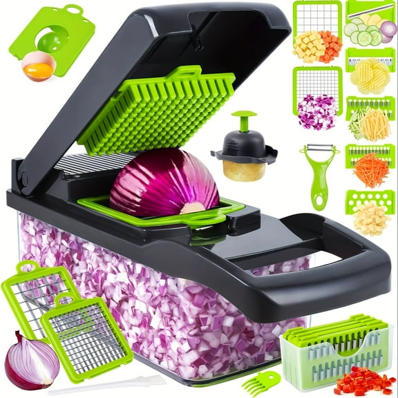 Professional Multifunctional 16-in-1 Vegetable Chopper - Onion Chopper, Kitchen Vegetable Slicer and Dicer - with 8 Blades, Carrot Chopper and Container